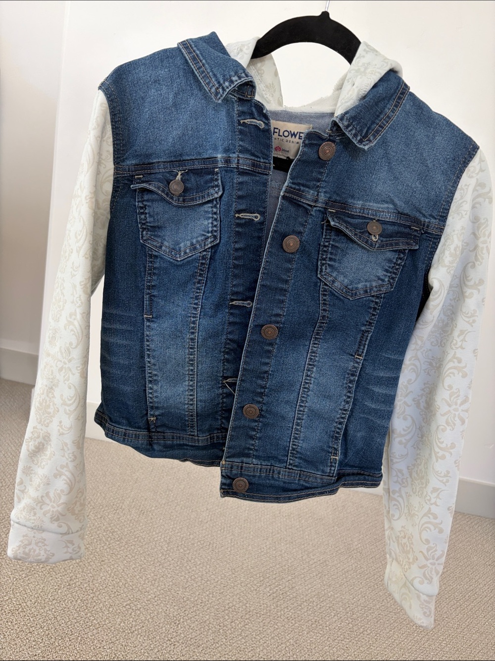 Wallflower Blue Denim Jacket with Cream Patterned Hoodie Sleeves